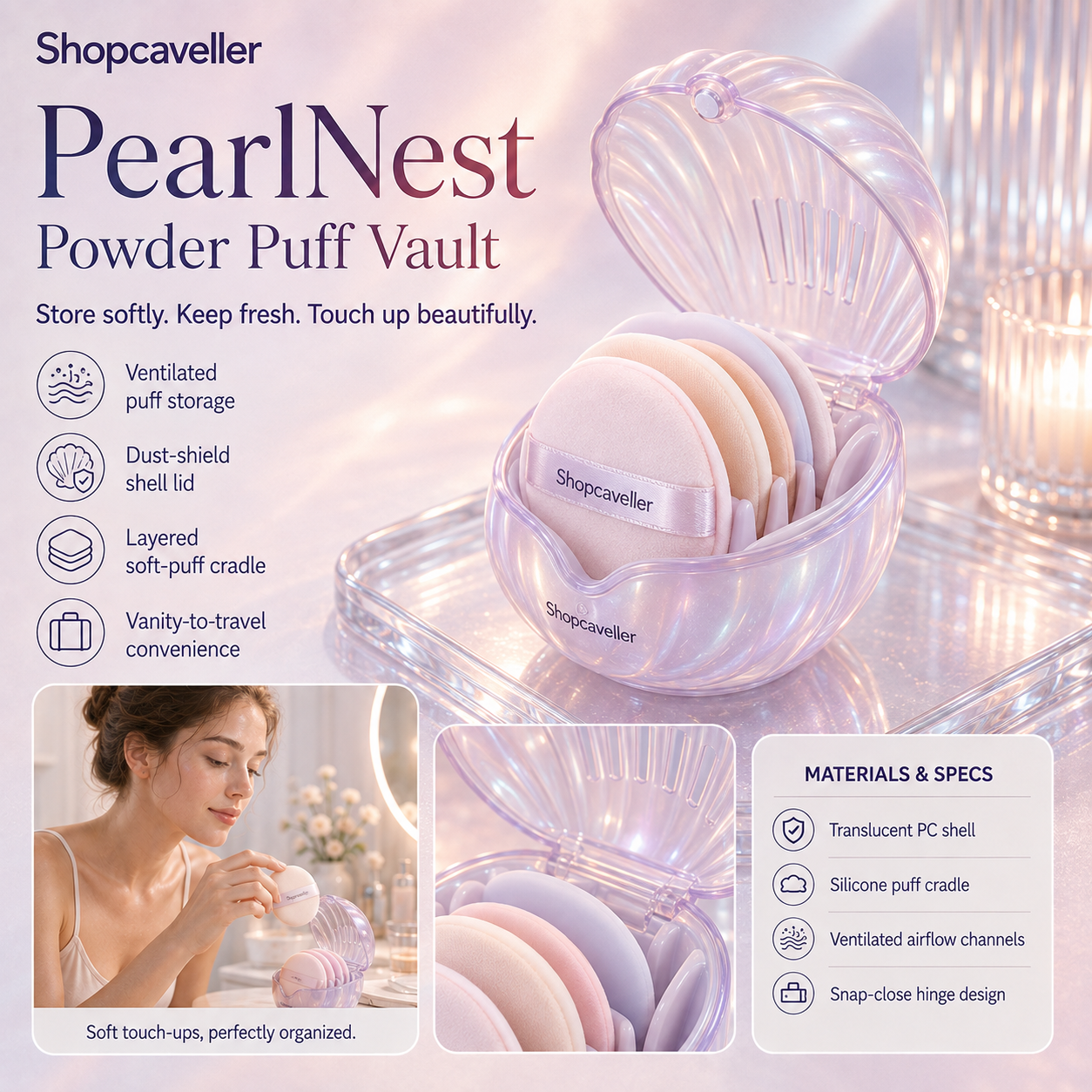 Shopcaveller™ PearlNest Powder Puff Vault